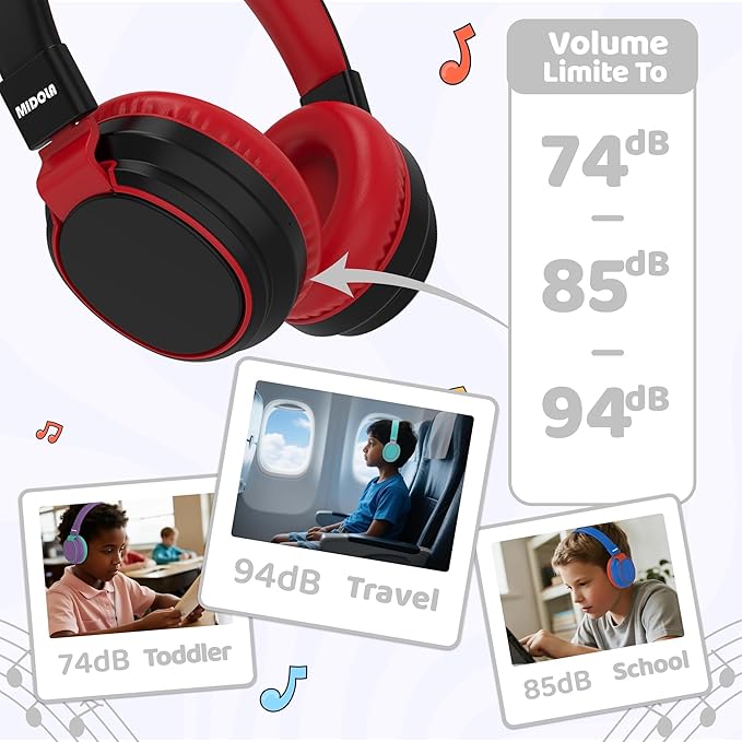 MIDOLA Kids Headphones Bluetooth 5.3 Wireless 60H Play Time Volume Limited 85/110dB Over Ear Foldable Protection Headset/Wired Aux Built-in Mic for Boy Girl Travel School Pad Tablet Black