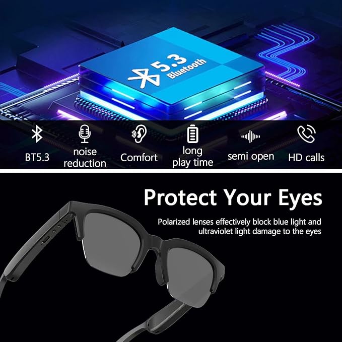 Smart Audio Glasses Open Ear Bluetooth Glasses Wireless Music and Calls Type C Fast Charging Physical Button Control Ultra Lightweight Unisex (Black)