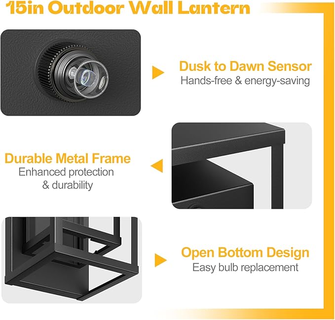 Dusk to Dawn Outdoor Wall Light 2Pack-15in Waterproof Large Porch Sconce Wall Mounted Modern Exterior Lighting Fixture E26 Black Lantern for Outside House Garage Entryway