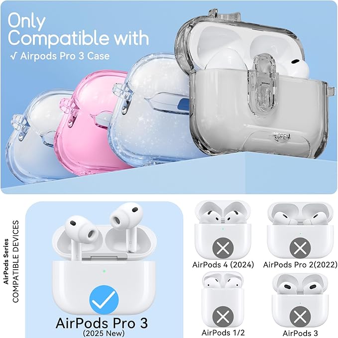 Clear Case for AirPods Pro 3 Case Cover with Safety Lock,Soft TPU Cover with Phone Stand & Cleaning Ki,Cute Bling Keychain for Women Girls-Clear Black