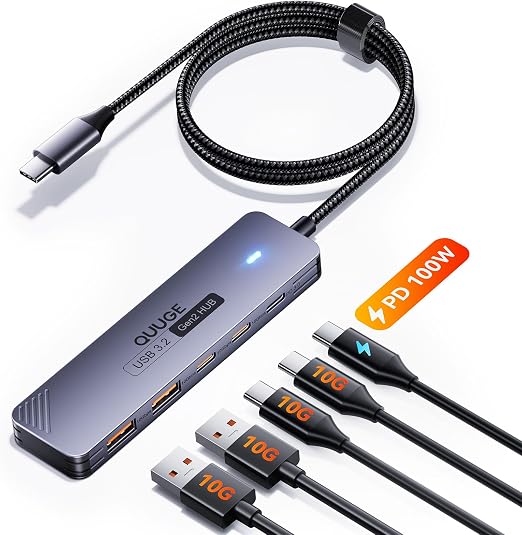 QUUGE USB-C Hub, 2 USB-C and 2 USB-A 10Gbps, 100W PD, 1m Cable for SSDs