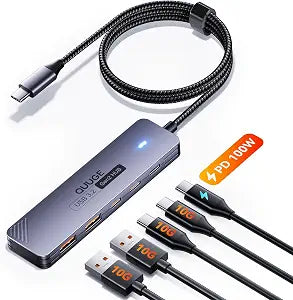 QUUGE USB-C Hub, 2 USB-C and 2 USB-A 10Gbps, 100W PD, 1m Cable for SSDs