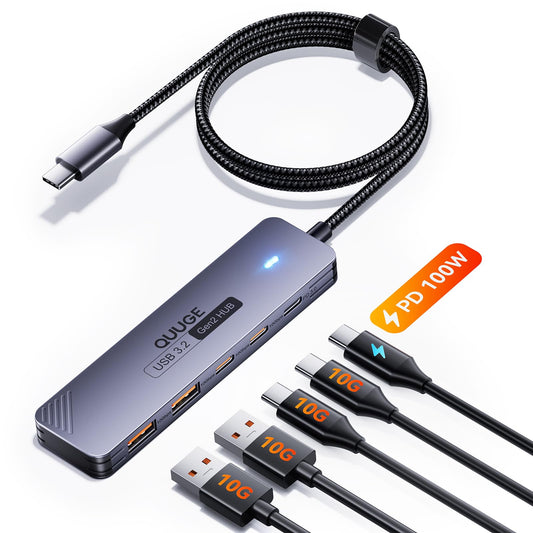 QUUGE USB-C Hub, 2 USB-C and 2 USB-A 10Gbps, 100W PD, 1m Cable for SSDs