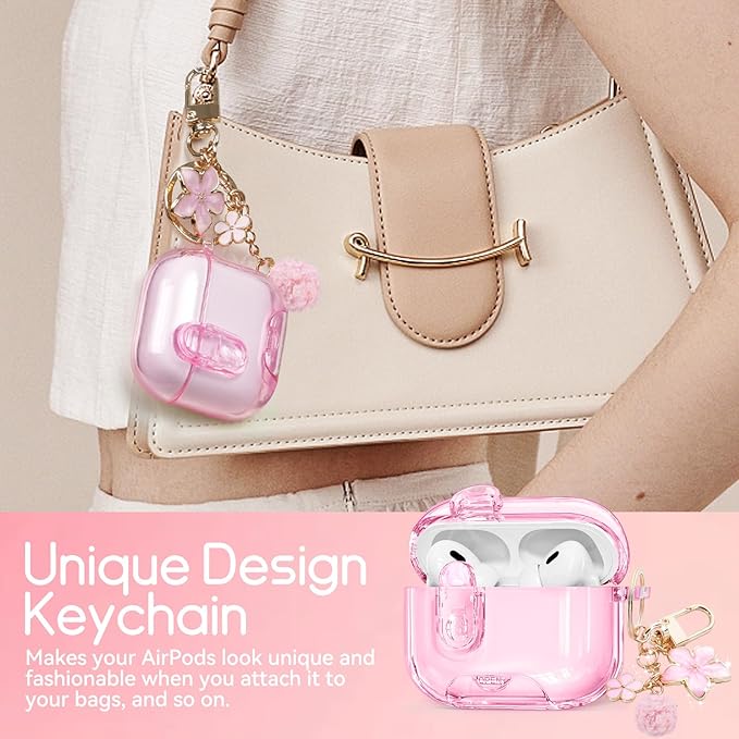 Clear Case for Airpods Pro 2 Case Cover with Safety Lock,Soft TPU Cover with Phone Stand & Cleaning Kit,Cute Bling Keychain for Women Girls-Clear Pink
