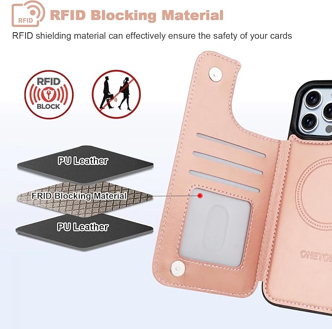 ONETOP Compatible with Magsafe for iPhone 13 Pro Max Wallet Case with Card Holder, PU Leather Kickstand RFID Blocking Case, Double Magnetic Clasp and Durable Shockproof Cover 6.7 Inch (Rose Gold)