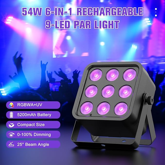 Rechargeable Stage Lights, 9 * 6W RGBWA UV 6-in-1 Battery Powered Par Lights, 6/8/10 CH Wireless Uplights DMX512 Control, Wireless Uplights for Party, Wedding, Event, 20 Pack