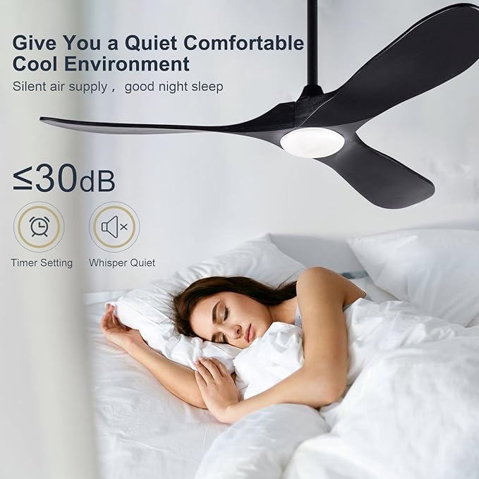 Black 52 Inch Wood Large Ceiling Fans with Lights and Remote Control, 3 Color Temperatures and 6 Speeds Timing, 52 Inch Indoor Outdoor Ceiling Fan for Patios Living Room Bedroom Study Office