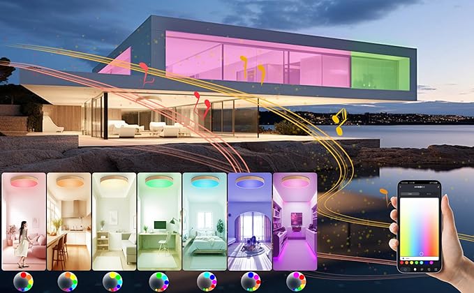 WF-Version LED Ceiling Light with Speaker 40W 13Inch Control via app/Voice/Remote Adjustable Brightness & Color Temperature Ceiling Lamp RGB Ambient Lighting for Bedroom Kids Room and More