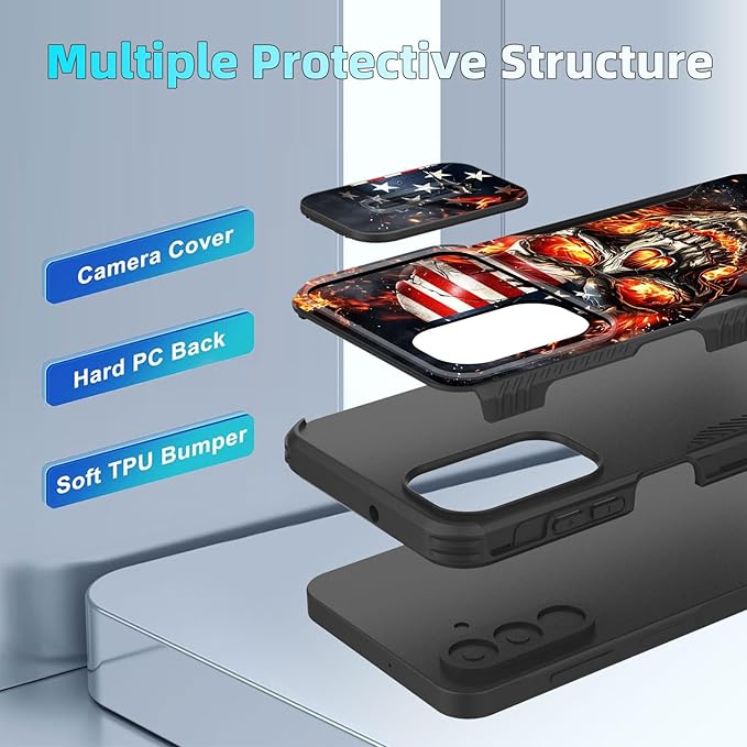 for Galaxy A26 5G Case Built in Slide Camera Lens Cover,Heavy Duty Shockproof Protection Dual Layer Case for Samsung Galaxy A26 5G 6.7" 2025,American Flag Flame Skull