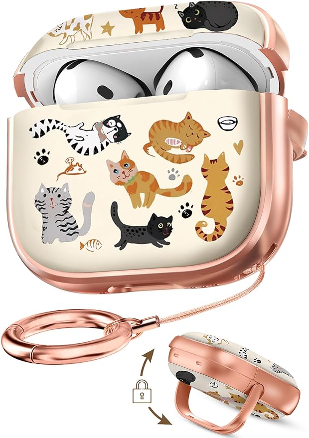 Coralogo for AirPods 4 Case with Safety Lock - Cute Cartoon for Women Girls Fashion Stylish Cats Pattern Design Kawaii Girly Girlish Hard Protective Cover for AirPods 4th Generation 2024