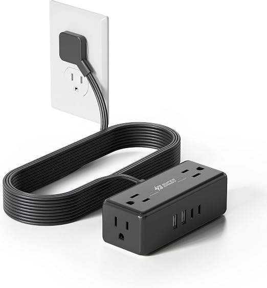 10Ft Long Extension Cord, SUPERDANNY Flat Plug Surge Protector Power Strip