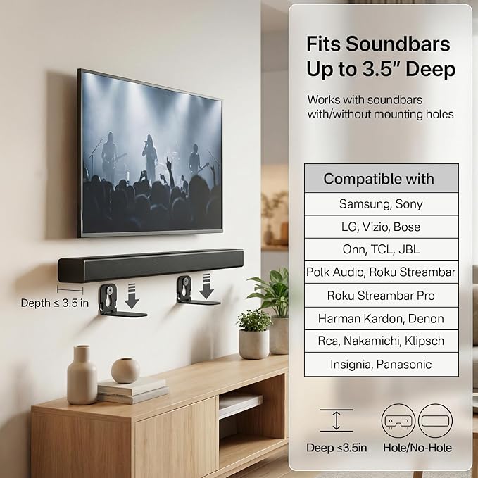 notiela 2 Pack Universal Soundbar Mount Shelf Sound Bar Mounts for Samsung, Sony, LG, Vizio, Bose, Onn and More Soundbar Wall Mount - Sound Bar Mount Under TV
