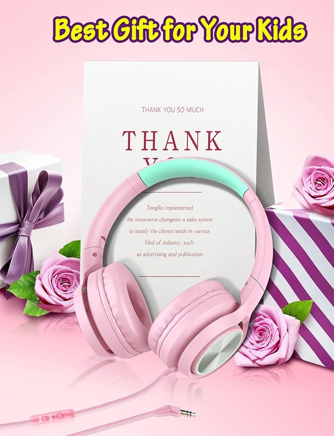 Kids Headphones with Microphone, Wired Over Ear Headsets with Limited Volume 85dB/ 94dB for Boys Girls Teens Children Online School/Travel/iPad/Tablet/Cellphone Pink