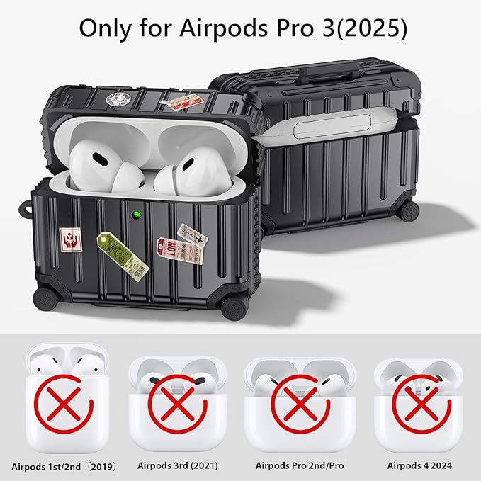 Filoto Compatible with Airpods Pro 3 Case 2025, Cute Fashion Suitcase Design for Airpods Pro 3rd Generation Case Cover, Shockproof Protective Hard Case with Keychain/Cleaner Kit(Black)