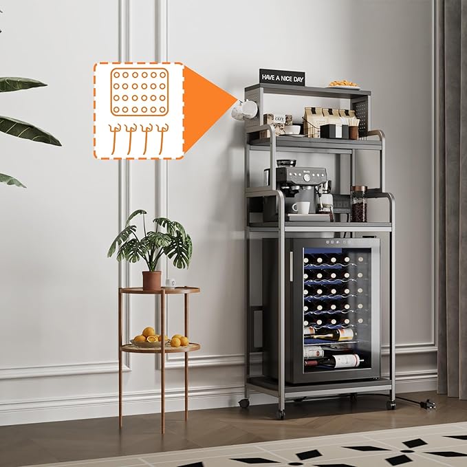 4-Tier Mini Fridge Pegboard Stand with Storage,Mini Fridge Cabinet with Power Outlet,Bakers Rack with Storage Shelf,Microwave Oven Stand,Mini Fridge Shelf for Dorm(Black Wood Grain)