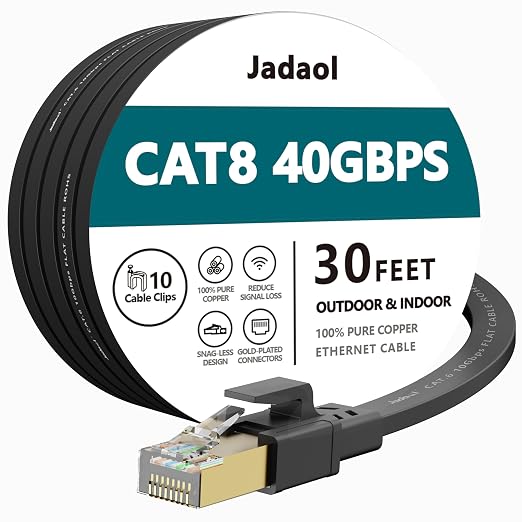 Jadaol Cat8 Ethernet Cable 30ft 40Gbps 2000MHz Flat S/FTP LAN Cable Black