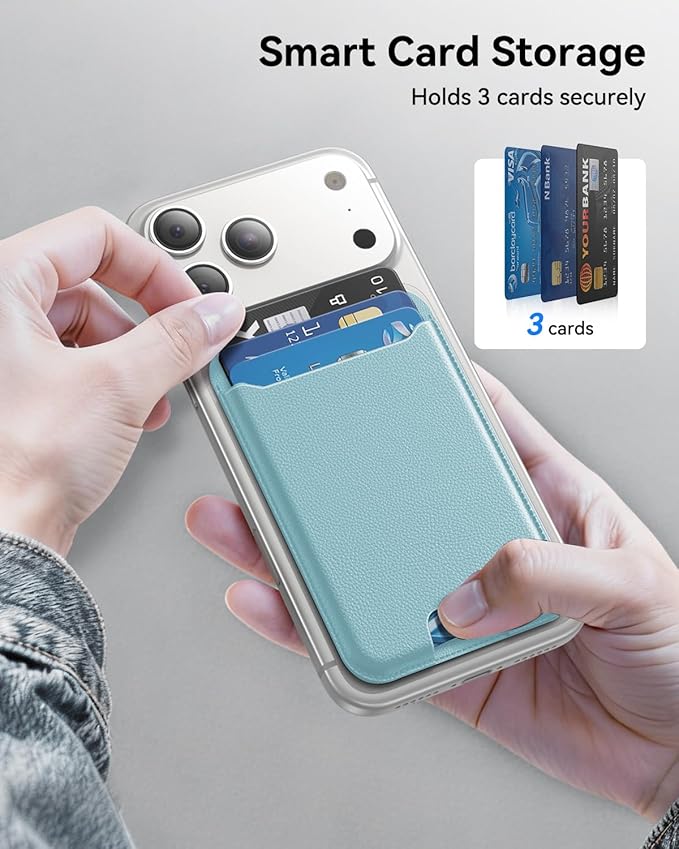 for MagSafe Wallet, 3 Cards Holder, Slim Magnetic Phone Wallet for iPhone 17/16/15/14/13/12 Pro Max Plus Air Series,RFID Blocking Vegan Leather,SkyBlue