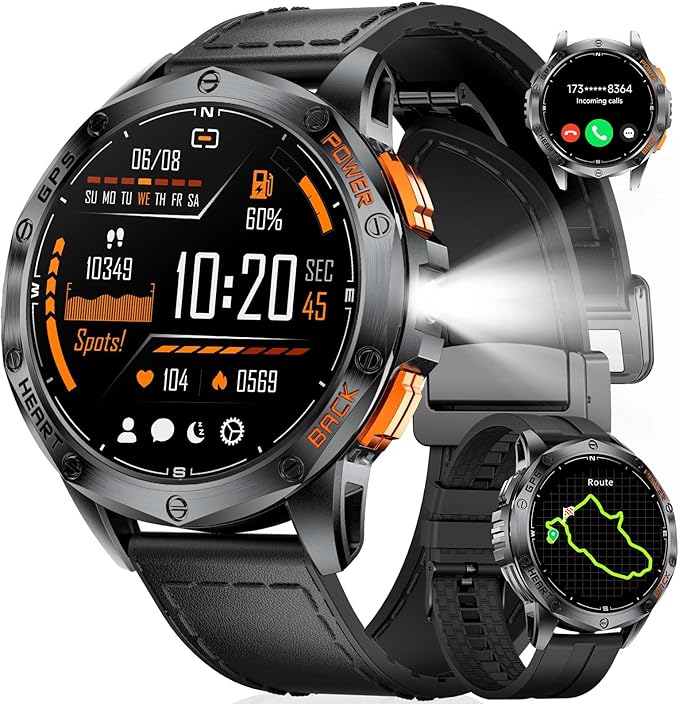 LIGE DM1 GPS Military Smart Watch for Men (Answer/Make Calls), 100+ Sports Modes Fitness Tracker, LED Flashlight/Compass/45 Days Battery/IP68 Waterproof 1.43'' AMOLED Smartwatch for Android iOS