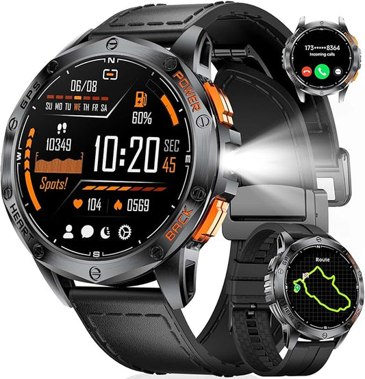 LIGE DM1 GPS Military Smart Watch for Men (Answer/Make Calls), 100+ Sports Modes Fitness Tracker, LED Flashlight/Compass/45 Days Battery/IP68 Waterproof 1.43'' AMOLED Smartwatch for Android iOS