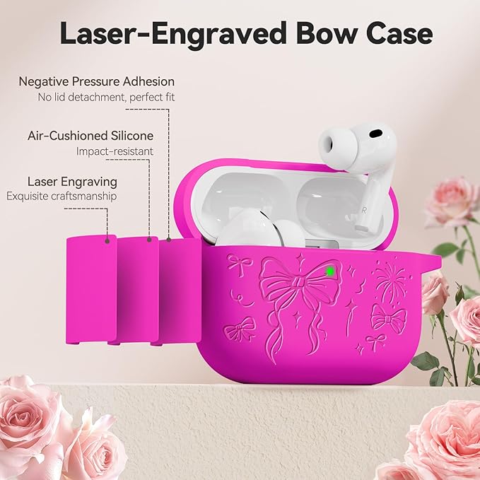for Airpods Pro 3 Case Cover, Joremx Cute Bow Engraved Silicone Protective Case Cover with Keychain, Cleaner Kit for Airpods Pro 3rd Generation 2025 (Fluorescent Rose Red)