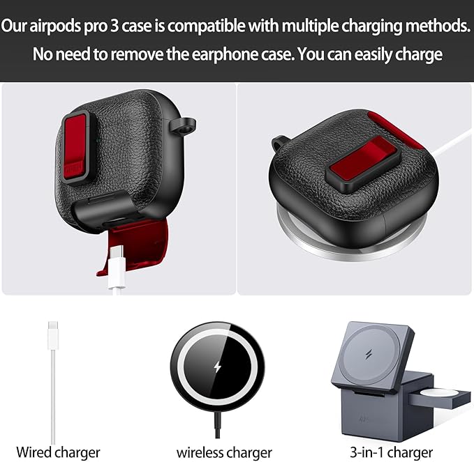 for Leather AirPods Pro 3 Case 2025| Cute Air Pods Pro 3 Case with Lock(Model A2700/A2931) | with Phone Holder & Keychain | Airpods 3 Pro Cases for Man Women(RedBlack)