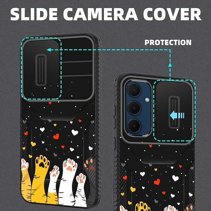 for Galaxy A35 5G Case Built in Slide Camera Lens Cover,Heavy Duty Shockproof Protection Dual Layer Case for Samsung Galaxy A35 5G 6.6 inch 2024,Cute Cat Paw Heart