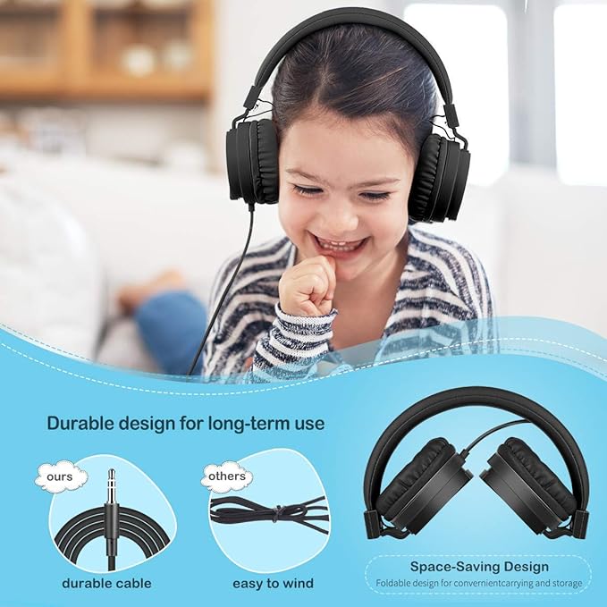 gorsun Kids Headphones, Lightweight Stereo Wired Toddler Headphones，Adjustable Headband Children's Headset for Smartphones Computer Pad Earphones(Black)