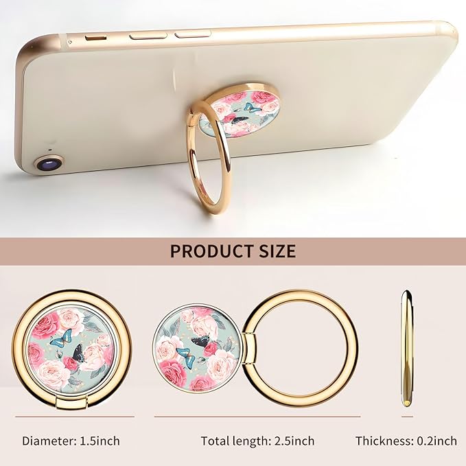 Cell Phone Ring Holder, Cute Metal Phone Grip Stand Finger Ring Kickstand, Flexible 360°Rotation Phone Tablet Case Accessories Compatible with Most Phones Pink Roses Butterfly