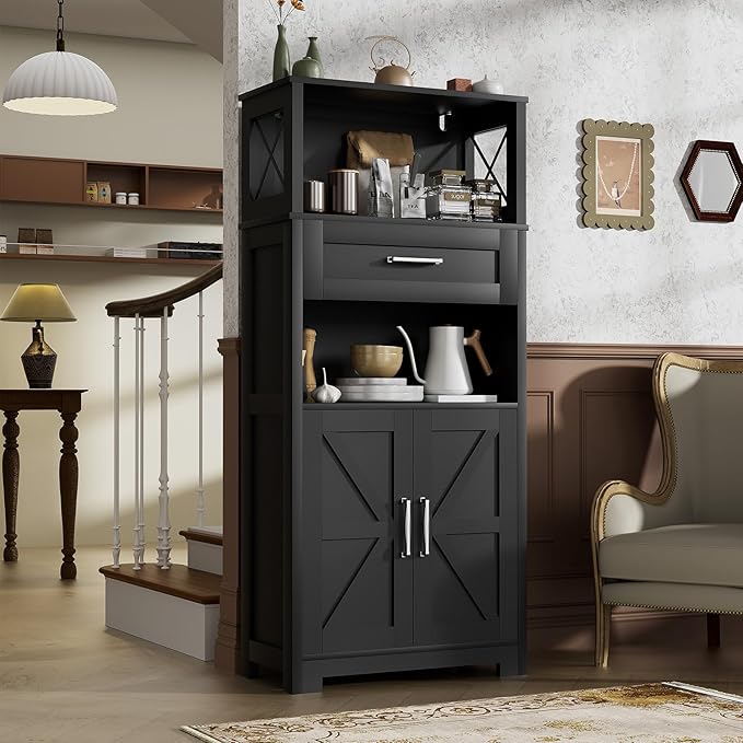 55" Tall Kitchen Pantry Cabient with 2 Microwave Stands, Farmhouse Pantry Storage Cabinet with Barn Doors and Large Drawer, Rustic Freestanding Cupboard for Kitchen and Dining Room (Black)