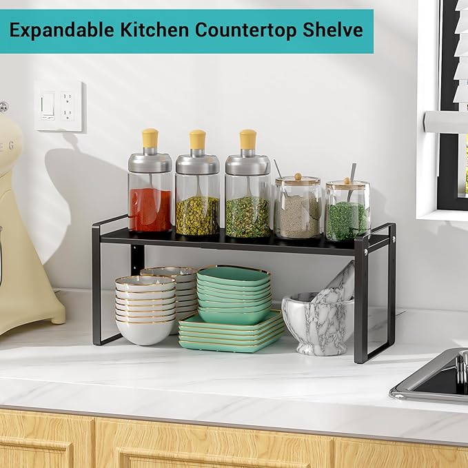 Expandable Kitchen Cabinet Organizer Shelves, Stackable Heavy Duty Metal Pantry Organizers, Adjustable Cabinet Shelf for Cupboard, Pantry & Under Sink Space Saver, Black, Patent Pending