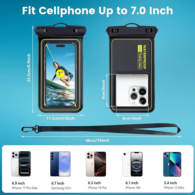 Floating Waterproof Phone Pouch, 2 Pack IP68 Waterproof Phone Case for iPhone 17 16 15 Pro Max Galaxy S25 S24 Ultra Up to 7", Cellphone Dry Bags Beach Cruise Essentials with Lanyard