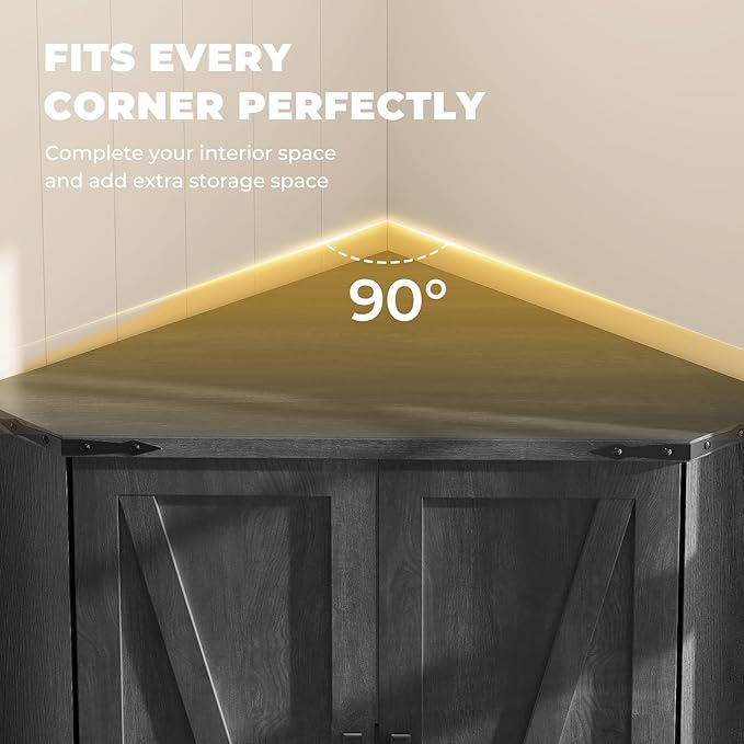 Dripex 71" Corner Cabinet Black, Farmhouse Kitchen Pantry Cabinet with Doors Storage & Adjustable Shelves, Tall Corner Storage Cabinet with LED Light, Food Pantry for Living Room, Dining Room