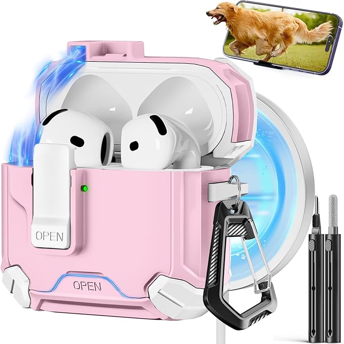 Compatible with AirPods 4 Case,Magnetic Automatic Lock with Phone Stand & Cleaning Kit,Compatible with Magsafe Cover -s-Pink