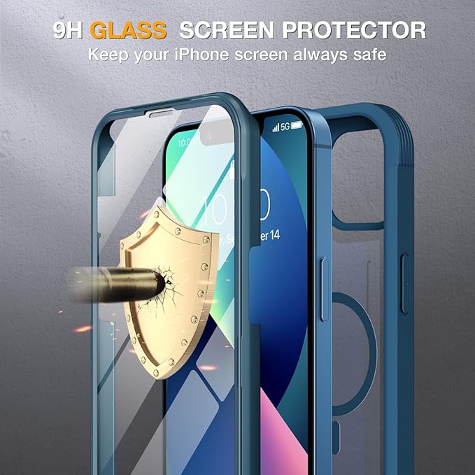 Miracase Glass Series Designed for iPhone 13 Case 6.1 inch, 2023 Upgrade Full-Body Magnetic Clear Bumper Case with Built-in 9H Tempered Glass Screen Protector,Storm Blue