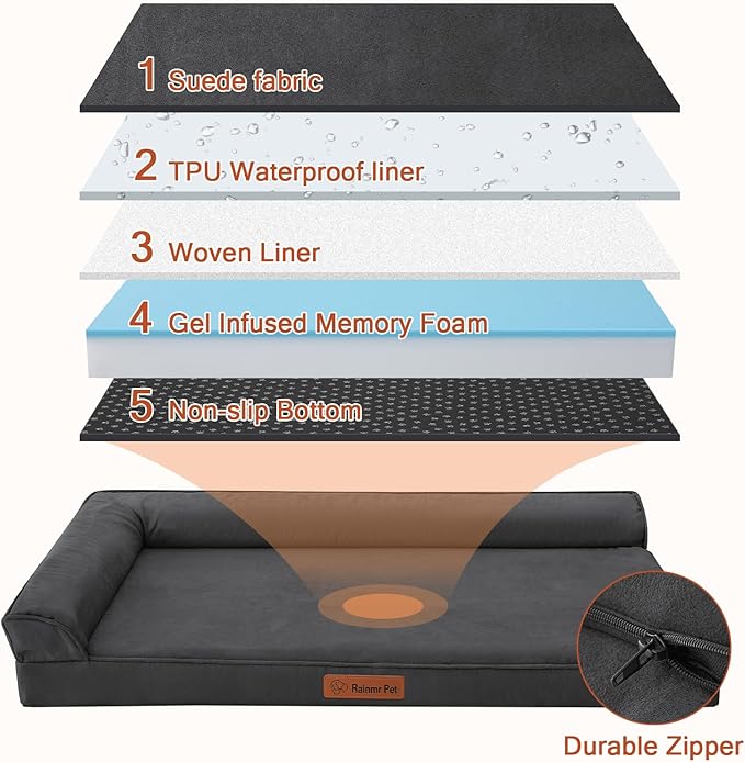 Orthopedic Dog Beds Large Sized Dog, Memory Foam Pet Bed for Large Dogs, Removable and Washable Microsuede Cover, TPU Waterproof Liner, Nonskid Bottom, 41x27x6 Inches, Dark Grey