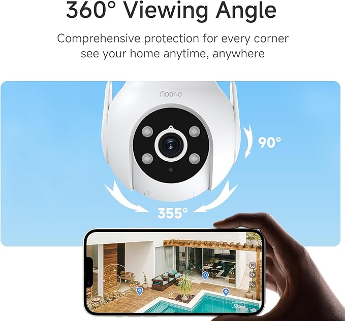 Noorio 2K Security Camera Outdoor 360° Pan/Tilt, Two Way Talk Wired Outdoor Camera for Home Surveillance, 24/7 Recording, Color Night Vision, Cloud & SD Card Storage, Compatible with Alexa, 2.4G WiFi