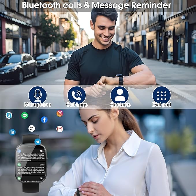 Smart Watches for Men Women, 1.95" HD Touchscreen Fitness Tracker with Bluetooth Calls, IP68 Waterproof, 120+ Sport Modes, 7-Day Battery, 24/7 Heart Rate & Sleep Monitor for Android iOS (Black)