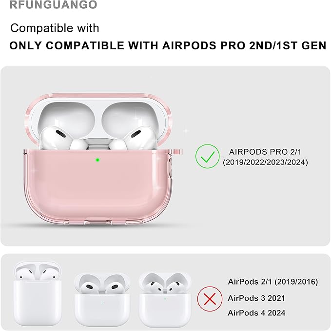 RFUNGUANGO AirPods Pro Case Clear, Soft TPU Transparent with Cleaning Kit & Keychain, Compatible with Magsafe, Compatible Apple AirPods Pro 2nd/1st Generation Protective Case, Pink