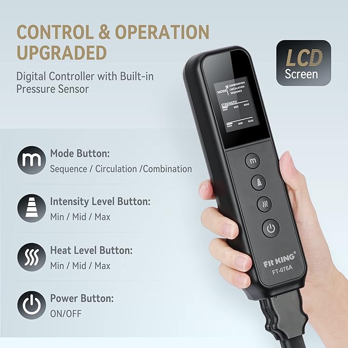 FIT KING Air Compression Leg Massager with Heat and Compression for Circulation and Pain Relief, Full Leg & Foot Massager for Swelling Edema RLS with Pressure Sensor LCD Display for Dad Mom Wife