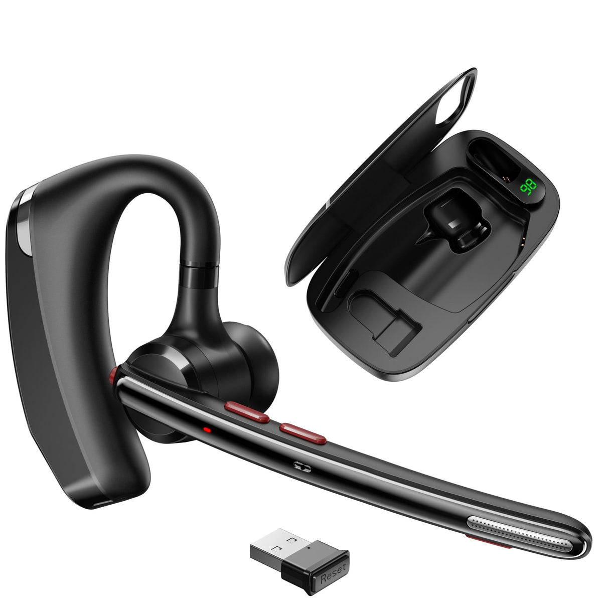 Bluetooth Headset V5.3, Wireless Headset with Dual Noise-Canceling Microphones, Portable Charging Case, 300H Standby Time, Hands Free Headphones for Computer/Cell Phones, Trucker/Home/Office/Work