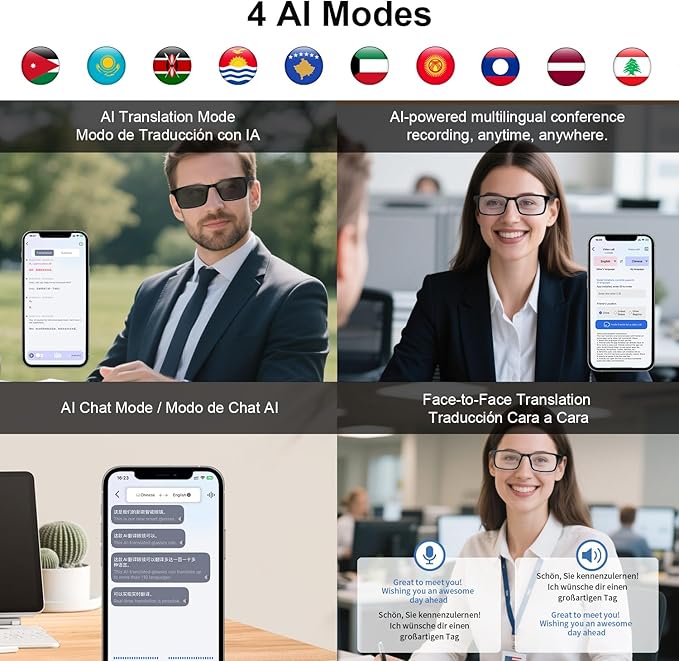 AI Smart Glasses, Support 160+ Languages Real-Time Translation Powered by APP, Bluetooth Glasses with Speakers, Blue Light Blocking & Detachable Sunglasses Lenses, Bluetooth Glasses for Men & Women