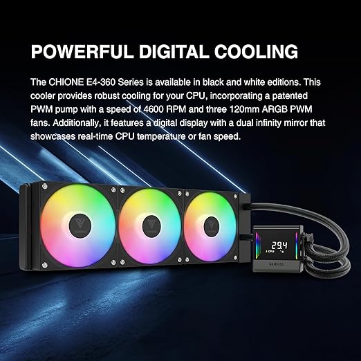 GAMDIAS 360mm AIO CPU Cooler & ARGB Liquid Cooler with Digital Display, Patented 4600RPM Pump, Clean Cable Design, 3X 120mm PWM Fan with MoBo Sync, Intel LGA 1700/1200, AMD AM5/AM4, CHIONE E4-360