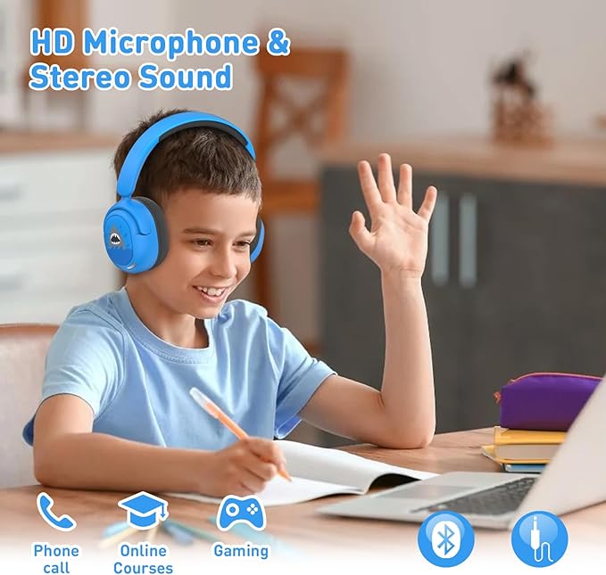 Kids Bluetooth Headphones, Wireless Headphones for Kids, 75/85/94dB Volume Limited, Built-in Mic, Fast Charging, Over-Ear Shark Childrens Boys Teens Headset for School/Tablet/Pad/Travel