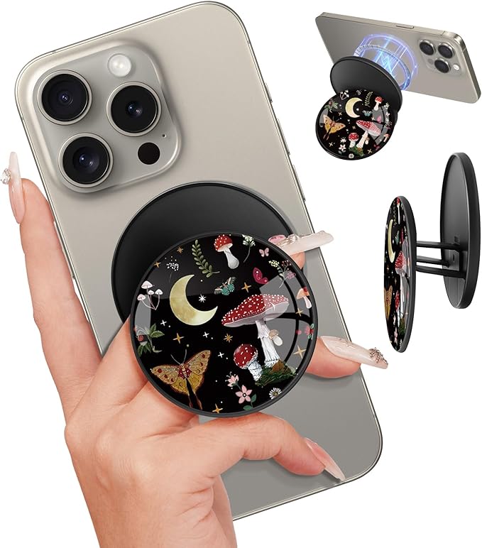 Kidcube Magnetic Phone Grip Compatible with Magsafe - Cell Phone Grip Stand Magnetic Ring Holder Finger Kickstand for iPhone 17 16 15 14 13 12 Series Magnet Removable Accessories Cute Mushroom Plant