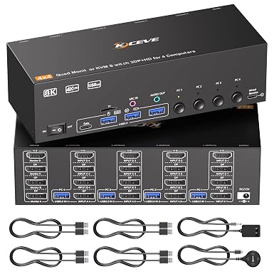 KVM Switch 4 Monitors 4 Computers HDMI + DisplayPort, KCEVE DP KVM Switcher with Audio Jack, 8K@30Hz/4k@144Hz for 4 PC Share 4 Display and 4 USB 3.0 Devices