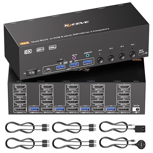 KVM Switch 4 Monitors 4 Computers HDMI + DisplayPort, KCEVE DP KVM Switcher with Audio Jack, 8K@30Hz/4k@144Hz for 4 PC Share 4 Display and 4 USB 3.0 Devices