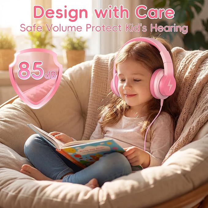 Wired Kids Headphones, USB Type C Headphones for Kids, 85dB Safe Volume, HD Stereo Sound, Comfortable Fit, Adjustable & Foldable,Ideal for School/Travel (Gradient Pink, Without Microphone