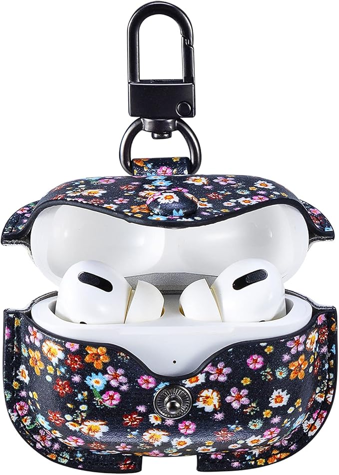 Genuine Leather Case Compatible with AirPods Pro Case 2nd/1st Gen (2023/2022/2019), VOMA Protective Cover for Apple AirPods Pro 2/Pro Wireless Charging Case with Keychain and Snap Lock Colorful Floral