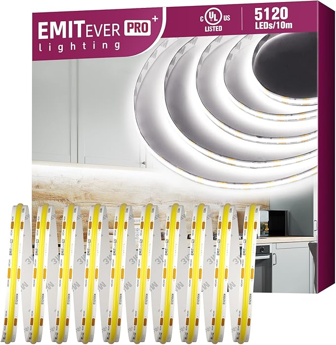 EMITEVER COB LED Strip Lights White, 5000K Tape Light Premium High Density, DC 24V, 400+Lumens/ft, 5120LEDs/Spool, Ra 90+, 32.8ft/10m, UL Listed 5 Year After-Service(Power Supply Sold Separately)