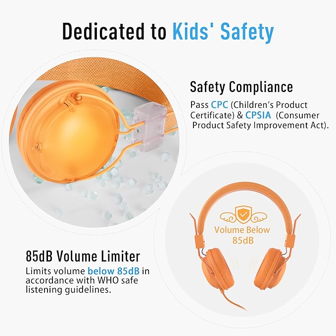 AILIHEN HD850 Classroom Headphones for Kids K-12 Students, School Wired Headphones with Microphone & 85dB Volume Limited & Sharing Function for Chromebook (Orange)